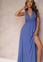 Niebieska Rozkloszowana Sukienka Maxi na Ramiączkach z Rozcięciem Ernames