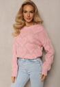 Pulover Roz Clasic cu Impletitura Inimioare si Mansete Elastice Miadove