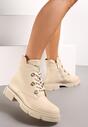 Beżowe Płaskie Botki z Suwakiem i Sznurowaniem Ozdobione Cyrkoniami Veniwe