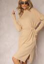 Rochie Bej Mini Tip Sacou cu Șnur în Talie și Mânecă Scurtă Agaira