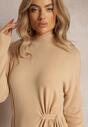 Rochie Bej Mini Tip Sacou cu Șnur în Talie și Mânecă Scurtă Agaira