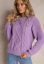 Fioletowy Klasyczny Sweter z Modnym Splotem Wykończony Ściągaczami Viala