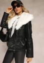 Jachetă Modernă din Piele Ecologică Alb-Negru cu Guler de Blană și Curea Ruhiela