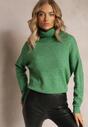 Zielony Gładki Sweter z Szerokim Golfem Senitece