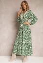 Zielona Rozkloszowana Sukienka z Gumką w Pasie i Ażurową Wstawką Margotta