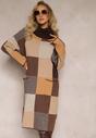 Brązowa Pudełkowa Sukienka z Dzianiny w Kratę z Szerokim Golfem Marinela