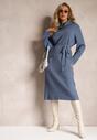 Niebieska Sweterkowa Sukienka z Materiałowym Paskiem i Wywijanym Golfem Raileanu