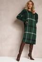 Zielona Midi Sukienka w Kratę z Kieszeniami o Pudełkowym Fasonie Bamira