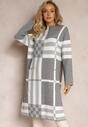 Szara Sukienka Sweterkowa z Półgolfem i Naszytymi Kieszeniami w Kratę Mirba
