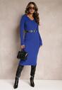 Rochie Midi Bleumarin Conică din Material Reiat cu Guler Ejanla