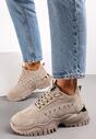 Ciemnobeżowe Sneakersy z Metaliczną Wstawką na Grubej Podeszwie z Przeszyciami Narsica