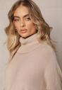 Beżowy Sweter Golf z Kieszeniami i Szerokim Golfem Aboio