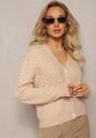 Beżowy Sweter Kardigan z Biżuteryjnymi Guzikami i Perełkami Businure