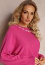 Compleu tricotat fucsia cu rochie cu nervuri și pulover cu perle Smalthea