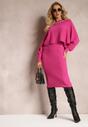 Compleu tricotat fucsia cu rochie cu nervuri și pulover cu perle Smalthea