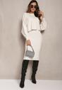 Set Tricot Bej Smalthea cu Rochie cu Striații și Pulover cu Perle