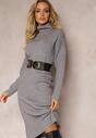 Szara Dopasowana Sukienka Dzianinowa z Golfem i Wełną Moustie