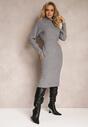 Szara Dopasowana Sukienka Dzianinowa z Golfem i Wełną Moustie