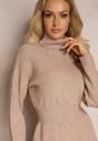 Rochie Tricot Bej Mulată cu Guler Înalt și Lână Moustie