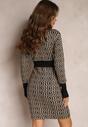 Beżowa Sukienka Mini ze Sweterkowej Dzianiny z Geometrycznym Wzorem Manounetta