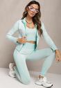 Jasnozielony Komplet 3-Częściowy Krótki Top Bluza na Suwak i Legginsy Push-Up z Gumką w Pasie Savese