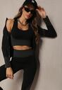 Top Scurt Negru Compleu 3 Piese Hanorac cu Fermoar și Colanți Push-Up cu Elastic în Talie Savese
