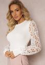 Pulover Tricotat Alb cu Mâncă Lungă cu Model Ajurat Elintina