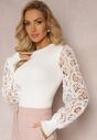 Pulover Tricotat Alb cu Mâncă Lungă cu Model Ajurat Elintina