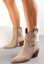 Cizme Cowboy bej deschis cu broderie pe toc conic Pomna