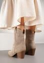 Cizme Cowboy bej deschis cu broderie pe toc conic Pomna