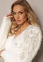 Cardigan Alb din Vâscoză din Material Pufos cu Pietre și Mărgele Heikki