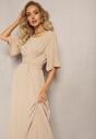Rochie bej închis evazată maxi cu mânecă largă și elastic în talie Sador