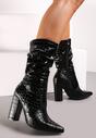 Botine negre cu toc Stiletto din imitație de piele de crocodil și carâmb plisat Stilon