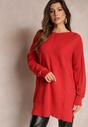 Czerwony Oversizowy Sweter o Przedłużonym Fasonie z Rękawami Typu Nietoperz Porunxa