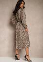 Rochie Cămașă Maro cu Imprimeu Animal Print cu Cordon în Talie Ramalli