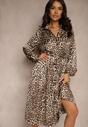 Rochie Cămașă Maro cu Imprimeu Animal Print cu Cordon în Talie Ramalli
