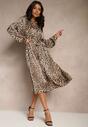Rochie Cămașă Maro cu Imprimeu Animal Print cu Cordon în Talie Ramalli