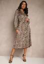 Rochie Cămașă Maro cu Imprimeu Animal Print cu Cordon în Talie Ramalli