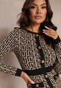Brązowa Sukienka Mini ze Sweterkowego Materiału o Geometrycznym Motywie z Dodatkowymi Guzikami Isaela