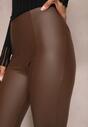 Brązowe Legginsy High Waist z Imitacji Skóry z Gumką w Pasie Boggera