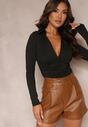 Pantaloni Scurți Maro High Waist din Piele Ecologică cu Curea cu Cataramă Teodrosa