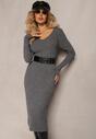 Rochie midi gri închis cu dungi cu croială cambrată și decolteu triunghiular Heramma