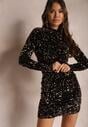 Rochie Mini Paiete Negru-Auriu cu Guler Înalt Rottamia