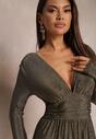 Rochie Maxi Aurie Cloș din Material Strălucitor cu Drapat în Talie Kizzetta