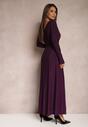 Fioletowa Rozkloszowana Sukienka Maxi z Błyszczącego Materiału z Drapowaniem w Talii Kizzetta