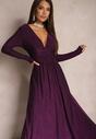 Fioletowa Rozkloszowana Sukienka Maxi z Błyszczącego Materiału z Drapowaniem w Talii Kizzetta