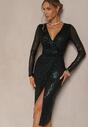 Rochie Verde Midi Tip Plic cu Drapat Ornată cu Paiete Fendra