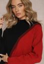 Rochie Trapez Neagră și Roșie din Tricot cu Guler Înalt