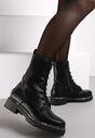 Botine negre workeri cu șireturi și curea decorativă cu zirconii pe talpă plată Mikiea