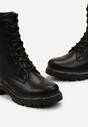 Botine negre workeri cu șireturi și curea decorativă cu zirconii pe talpă plată Mikiea